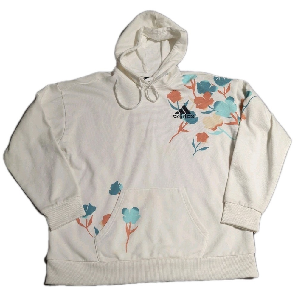 Adidas Floral Hoodie Womens L Primegreen Cream Pullover Sweatshirt Graphic‎